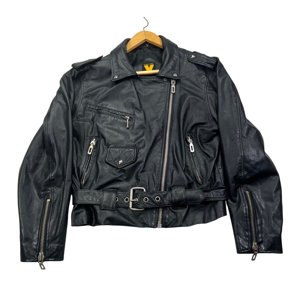 Virginia Slims Moto Jacket M Black Cropped Leather Zip Belted Biker VTG 90s